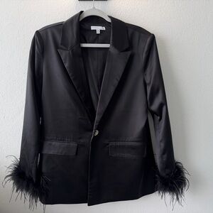NWOT  Black Satin Blazer with Feather Cuffs
